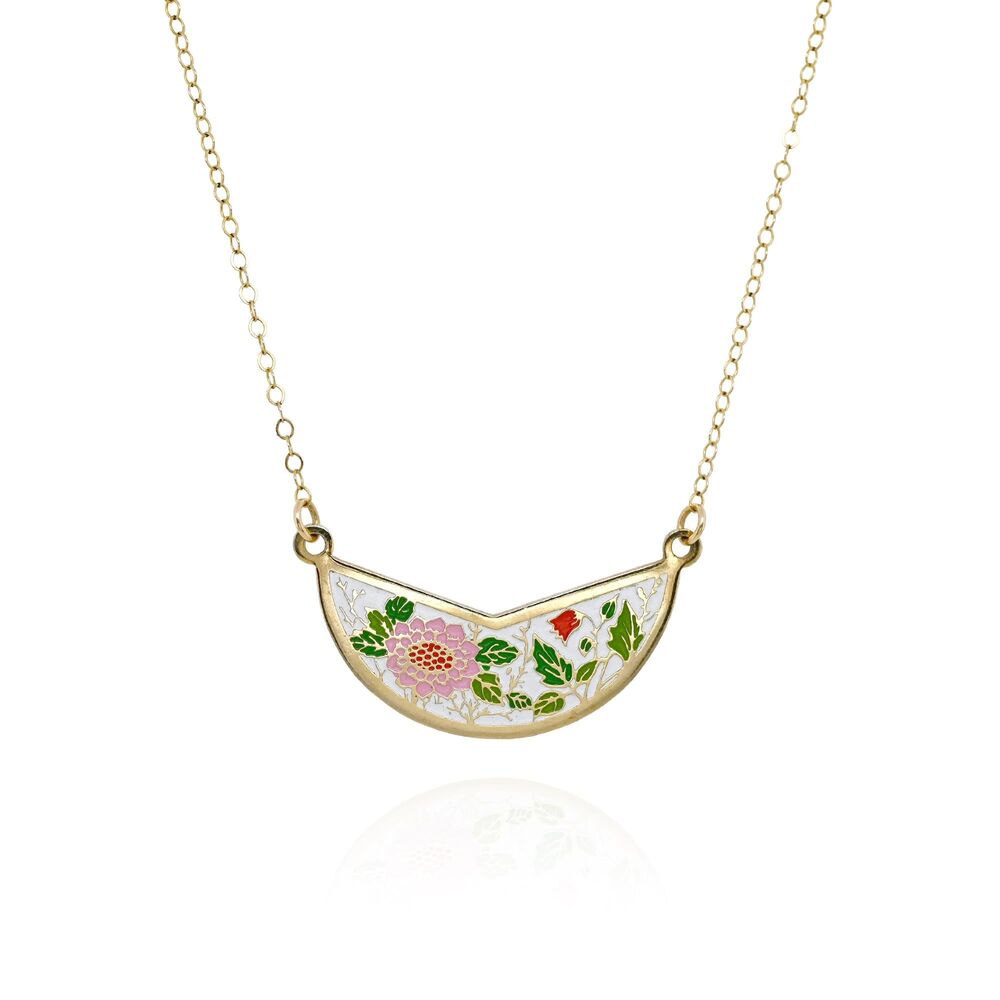 14K Gold Filled Enamel Floral Necklace White Pink Flower Art Nouveau Style